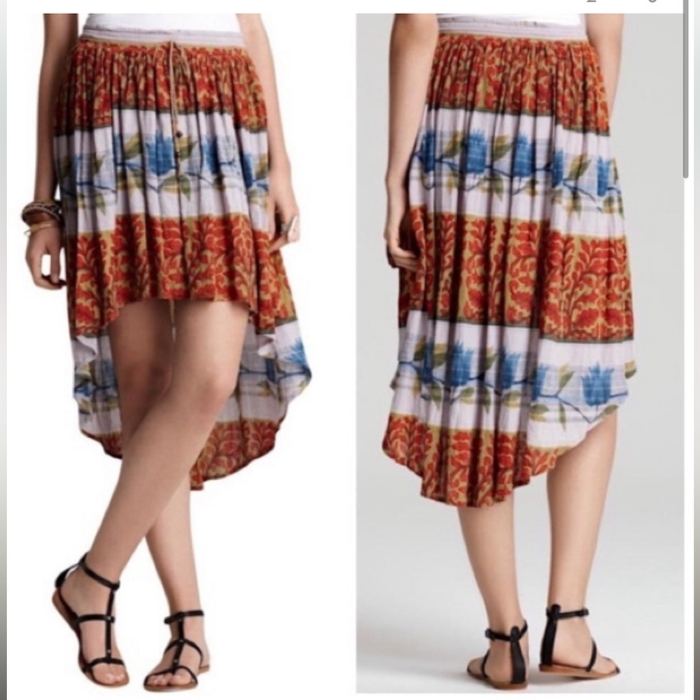 Free People Orange High‎ Low Drawstring Boho Tropical Skirt Size M